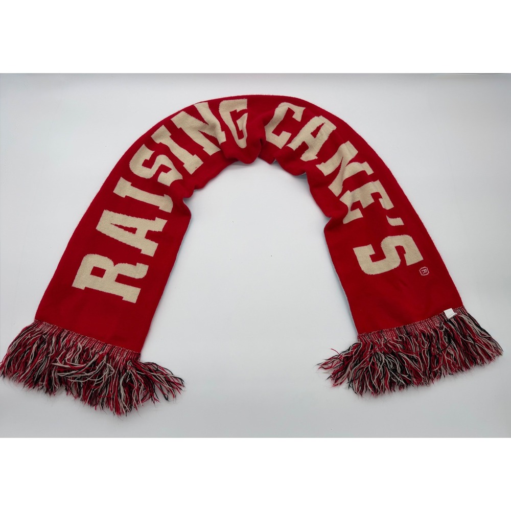 Raising Cane's Chicken Fingers Reversible Knit Scarf Red Blue Fringe Logo Patch